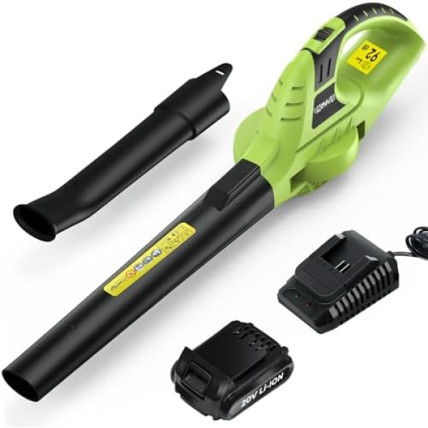 bigzzia Cordless Leaf Blower Electric Garden Blower with 20V Battery 1 Charger 2